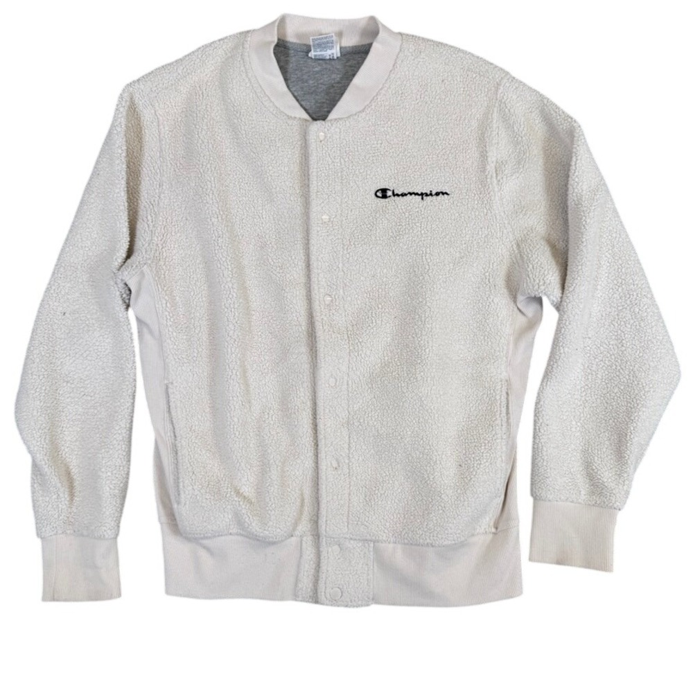 Champion Mens Sherpa Fleece Bomber Jacket Cream Off White Snap Front V3618 Med